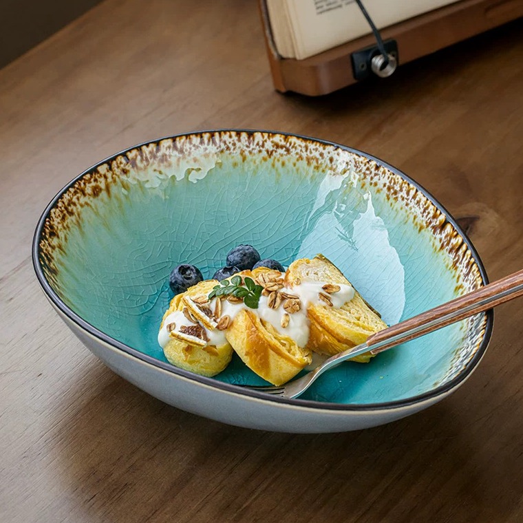 Handcrafted Irregular Ice Crackle Glaze Ceramic Bowl, 8-inch product view
